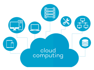 cloud with cloud computing written in it, icons coming from the cloud