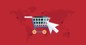 world map with a shopping cart and mouse clicker