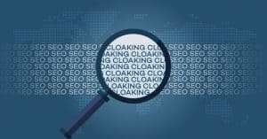 "SEO" text with magnifying glass actually revealing "CLOAKING"